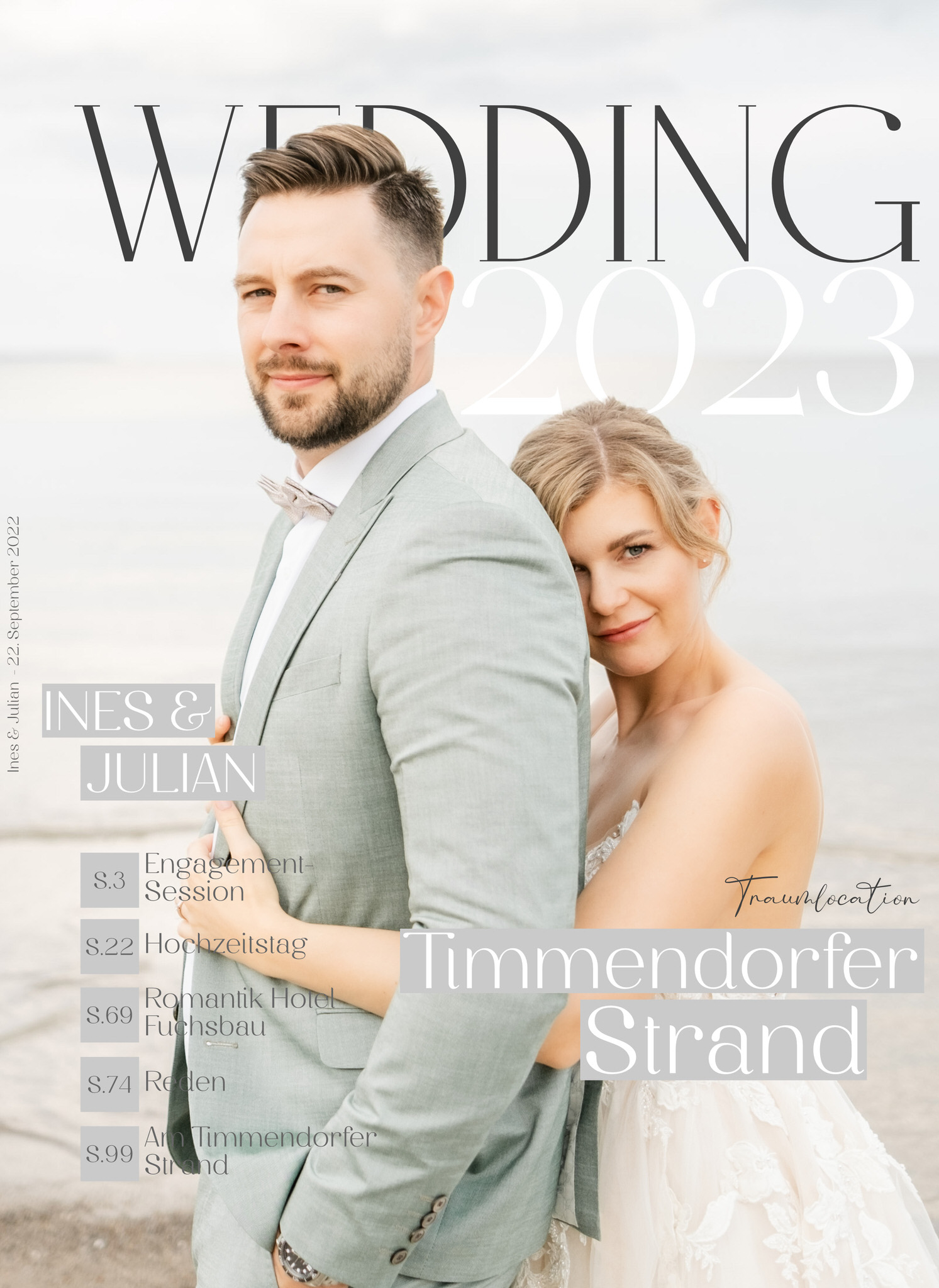 Magazin-Cover einer Hochzeitsausgabe mit Brautpaar im Editorial-Stil – Beispiel für ein modernes Hochzeitsmagazin