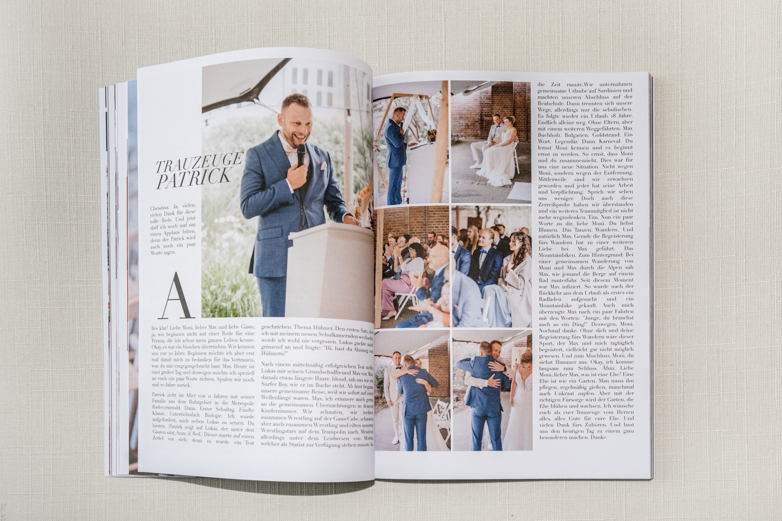 Doppelseite eines Hochzeitsmagazins mit Rede und Fotocollage – Beispiel für redaktionelle Tiefe und emotionale Momente