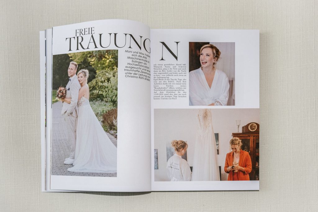 Doppelseite im Hochzeitsmagazin mit Bildern und Texten zur freien Trauung eines Brautpaares