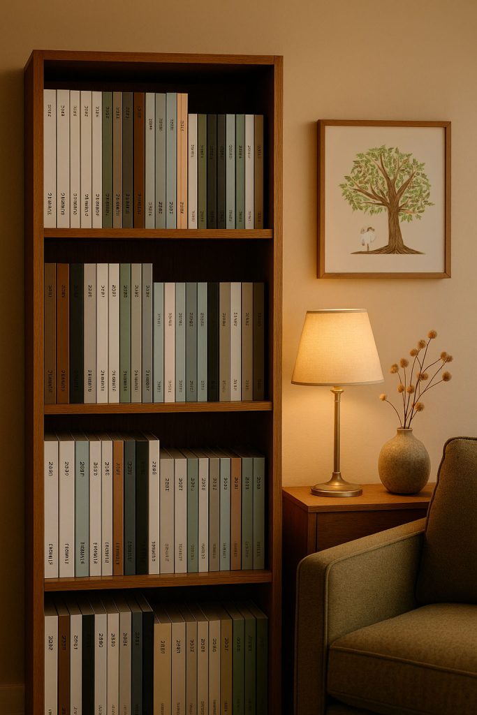 Visualisierung eines stilvollen Bücherregals mit unterschiedlich gestalteten Magazinen in einem gemütlichen Wohnzimmer – inspiriert von der Vision eines Familienarchivs.