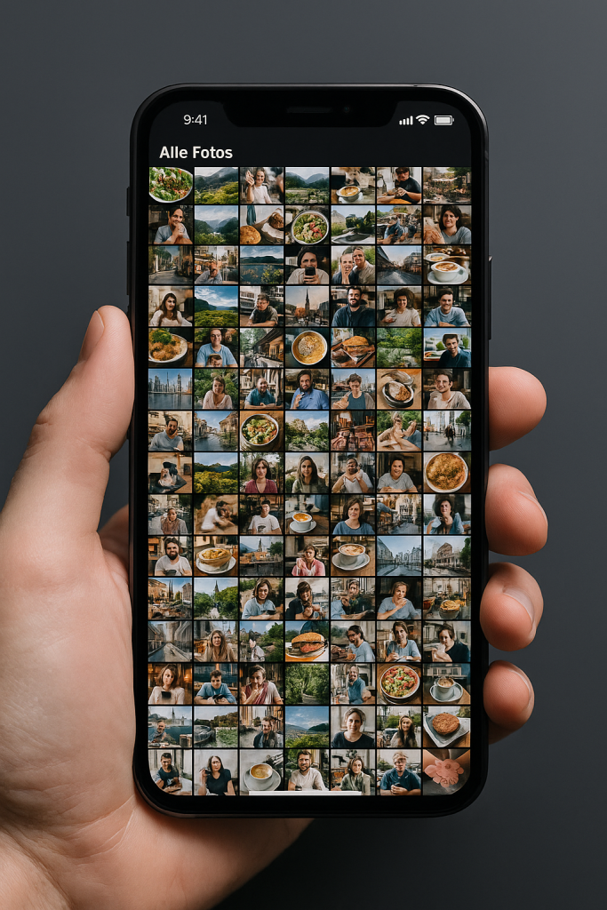 Hand hält Smartphone mit überfüllter Fotogalerie – symbolisiert die digitale Bilderflut des Alltags.