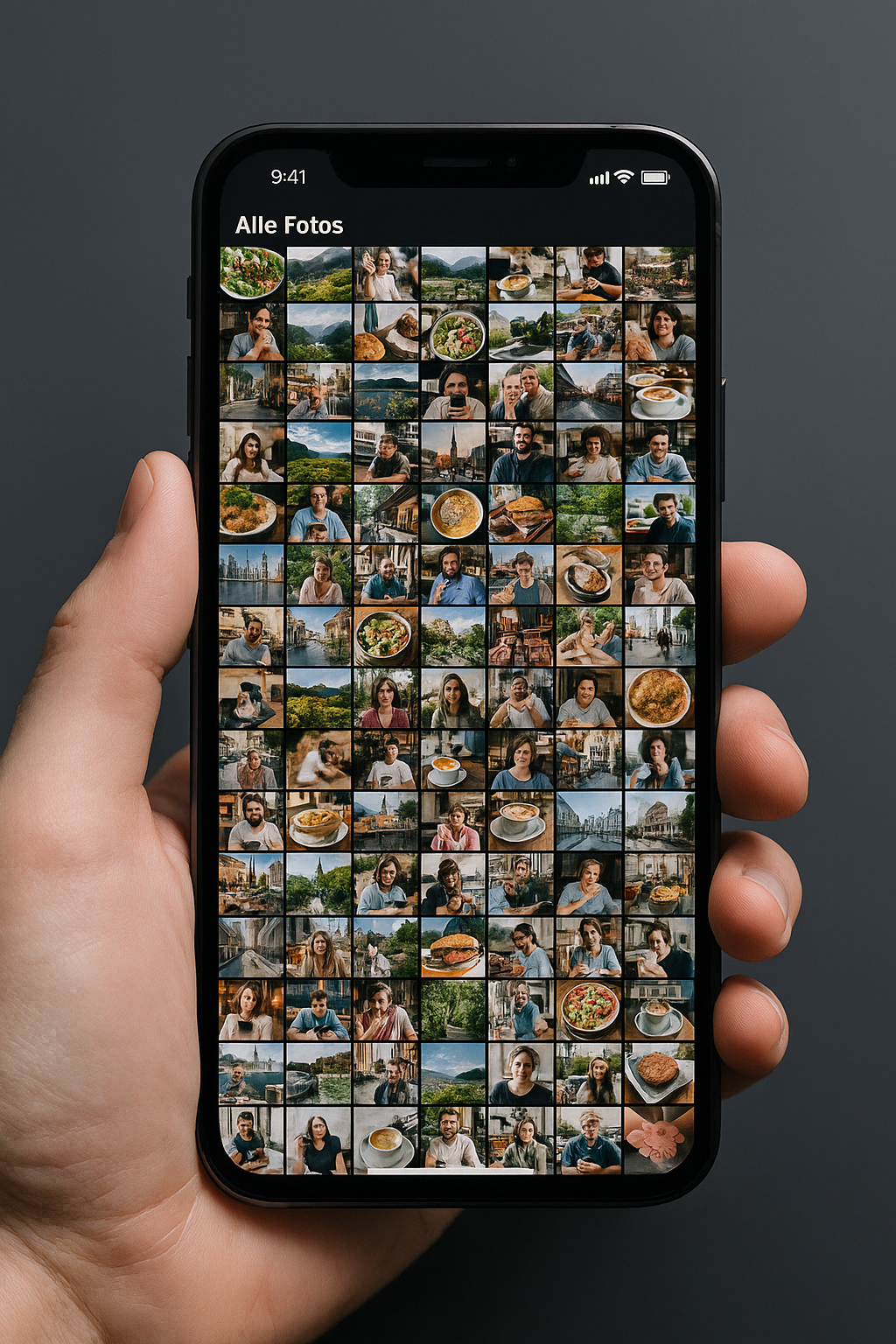 Hand hält Smartphone mit überfüllter Fotogalerie – symbolisiert die digitale Bilderflut des Alltags.