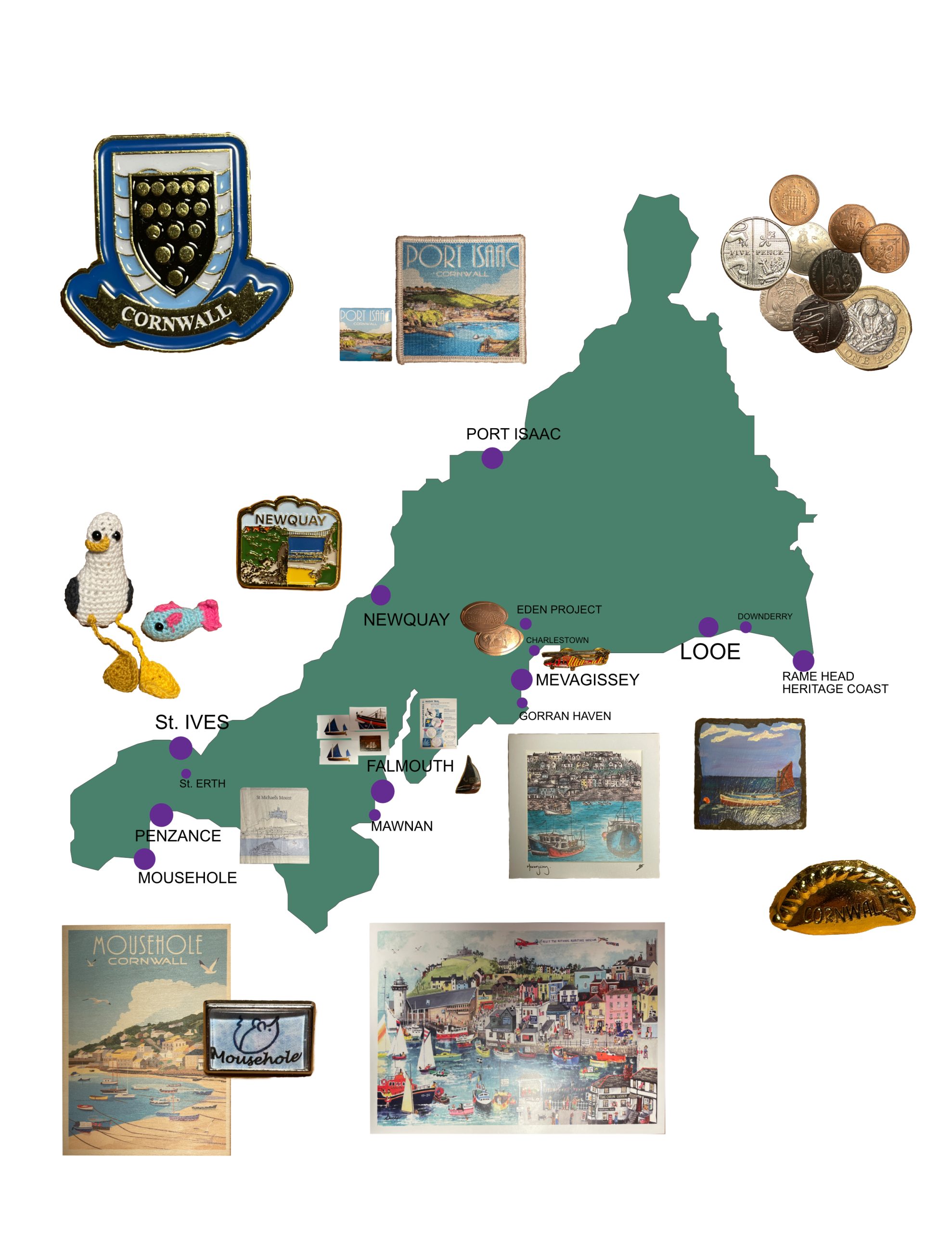 Karte von Cornwall mit eingezeichneter Reiseroute und Zwischenstopps, ergänzt durch gesammelte Souvenirs wie Pins und Bilder aus den besuchten Orten.